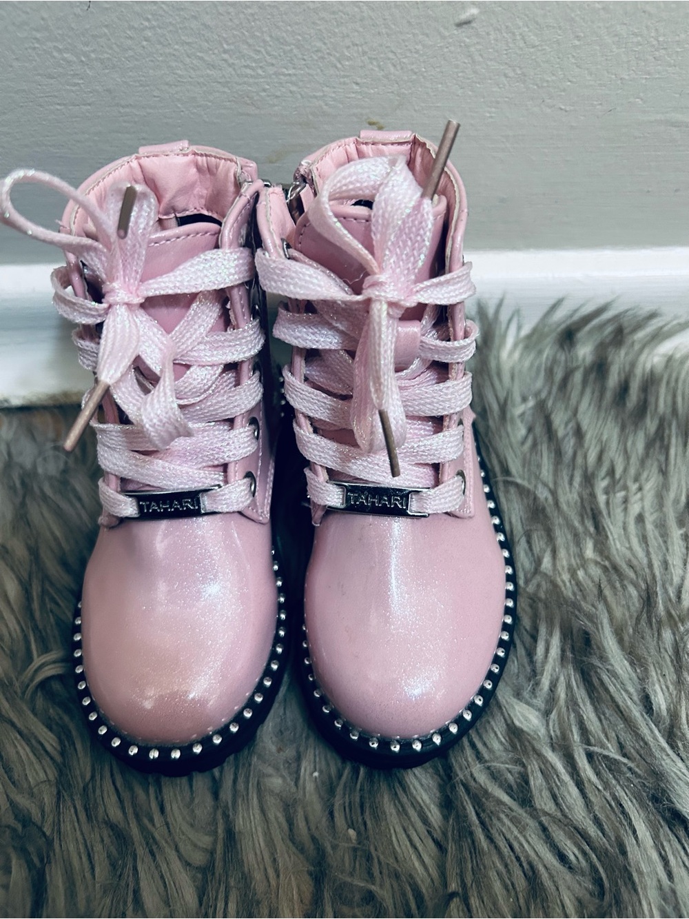 Tahari Girls Shimmery Pink Lace-Up Combat Boots